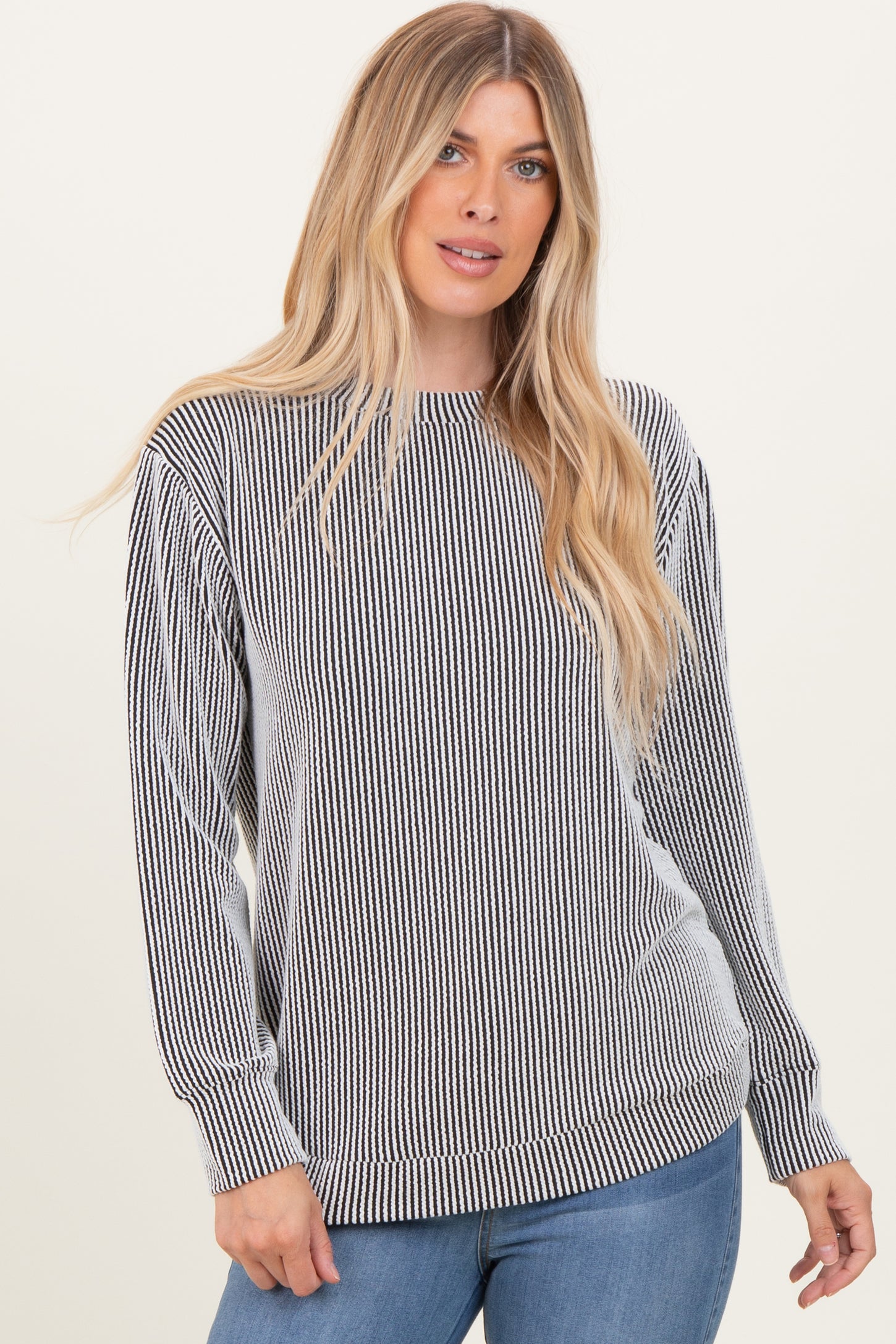 White Textured Rib Crew Neck Long Sleeve