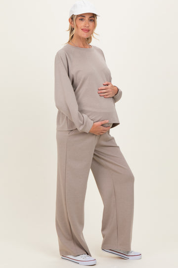 Beige Crewneck Pullover Pant Maternity Set