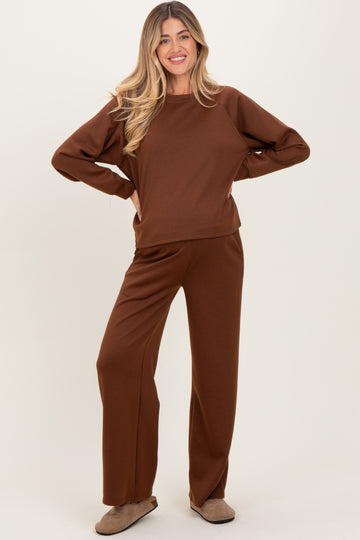 Brown Crewneck Pullover Pant Maternity Set