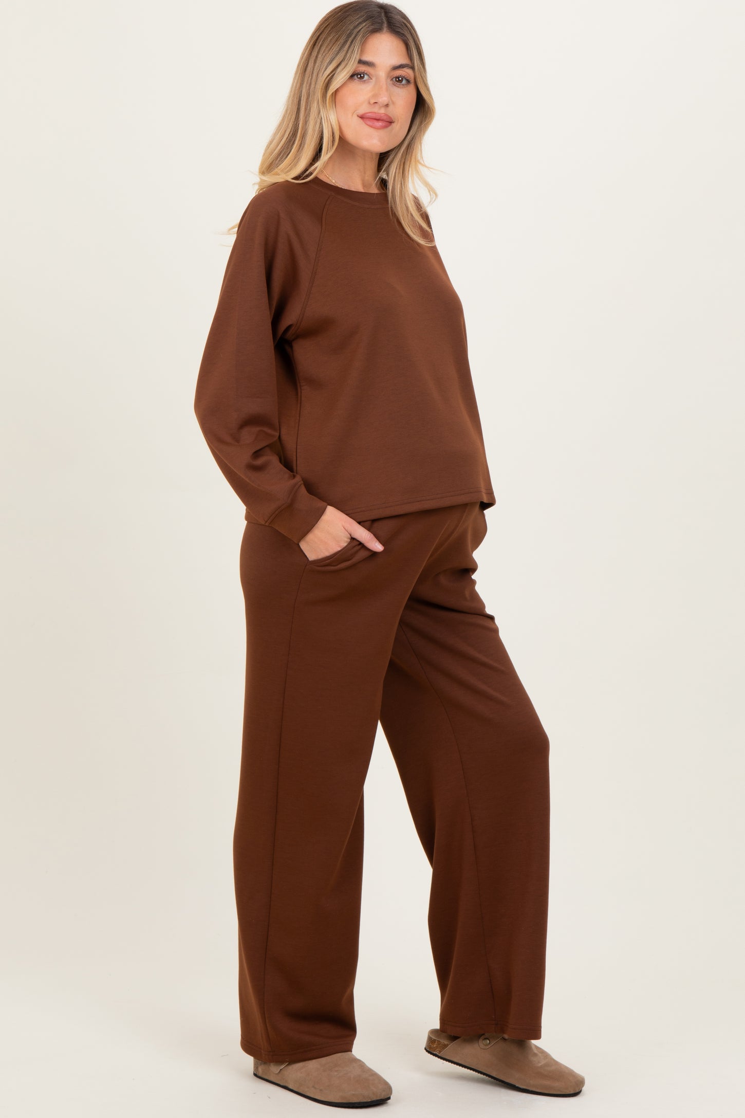 Brown Crewneck Pullover Pant Maternity Set