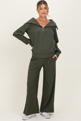 Olive Ribbed Half Zip Pullover Wide Leg Pant Maternity Set