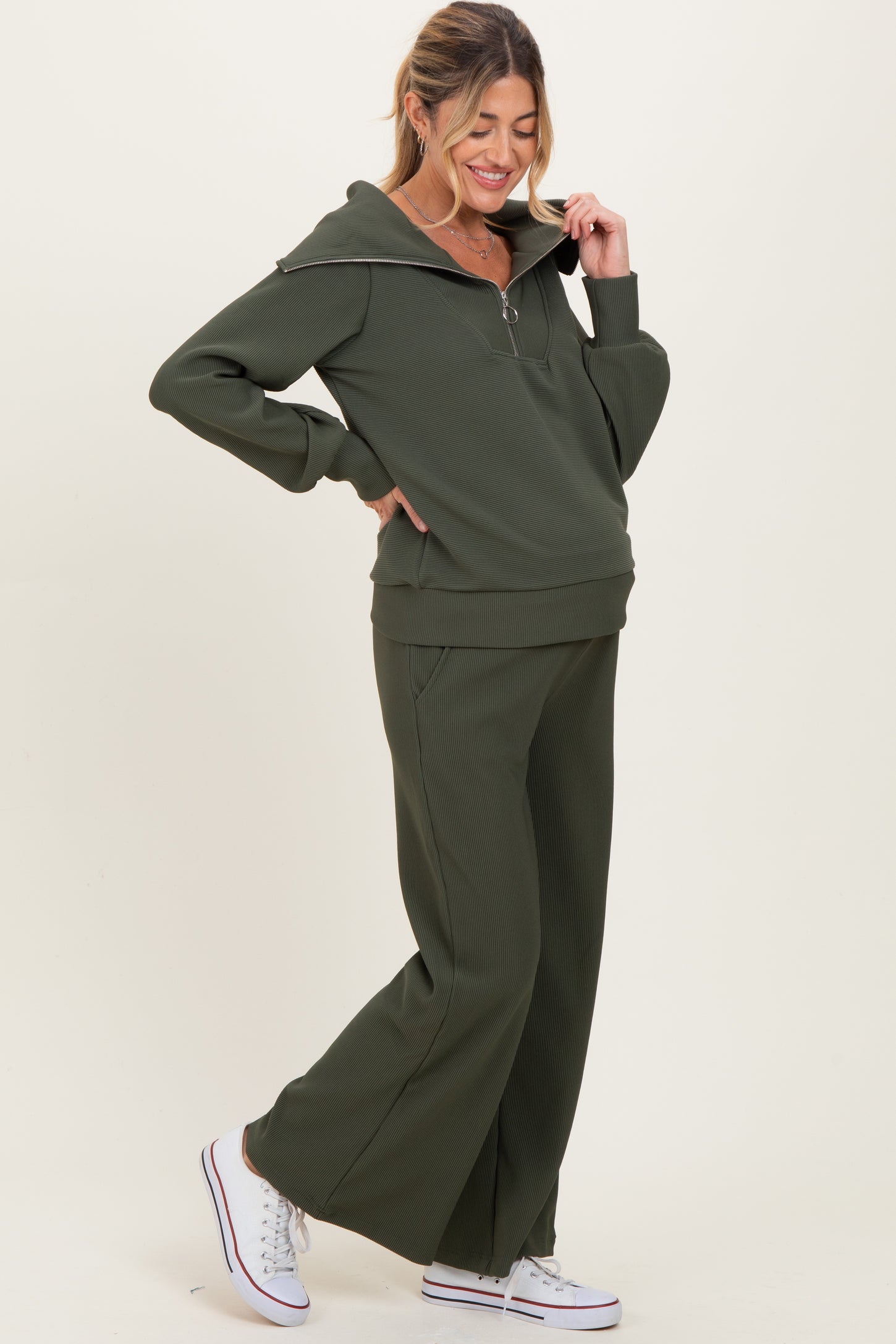 Olive Ribbed Half Zip Pullover Wide Leg Pant Maternity Set
