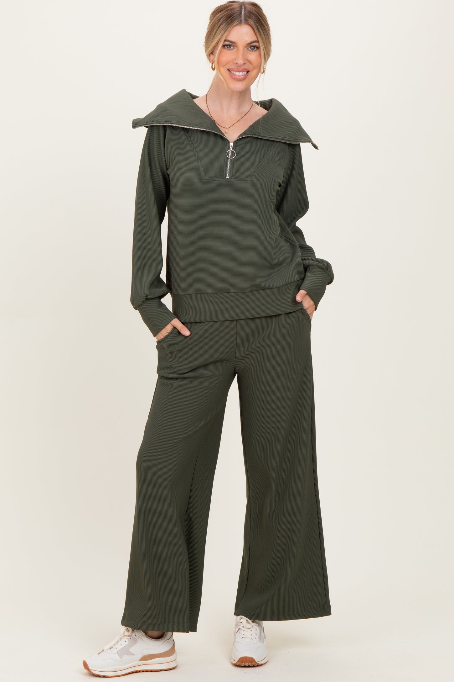 Olive Ribbed Half Zip Pullover Wide Leg Pant Maternity Set