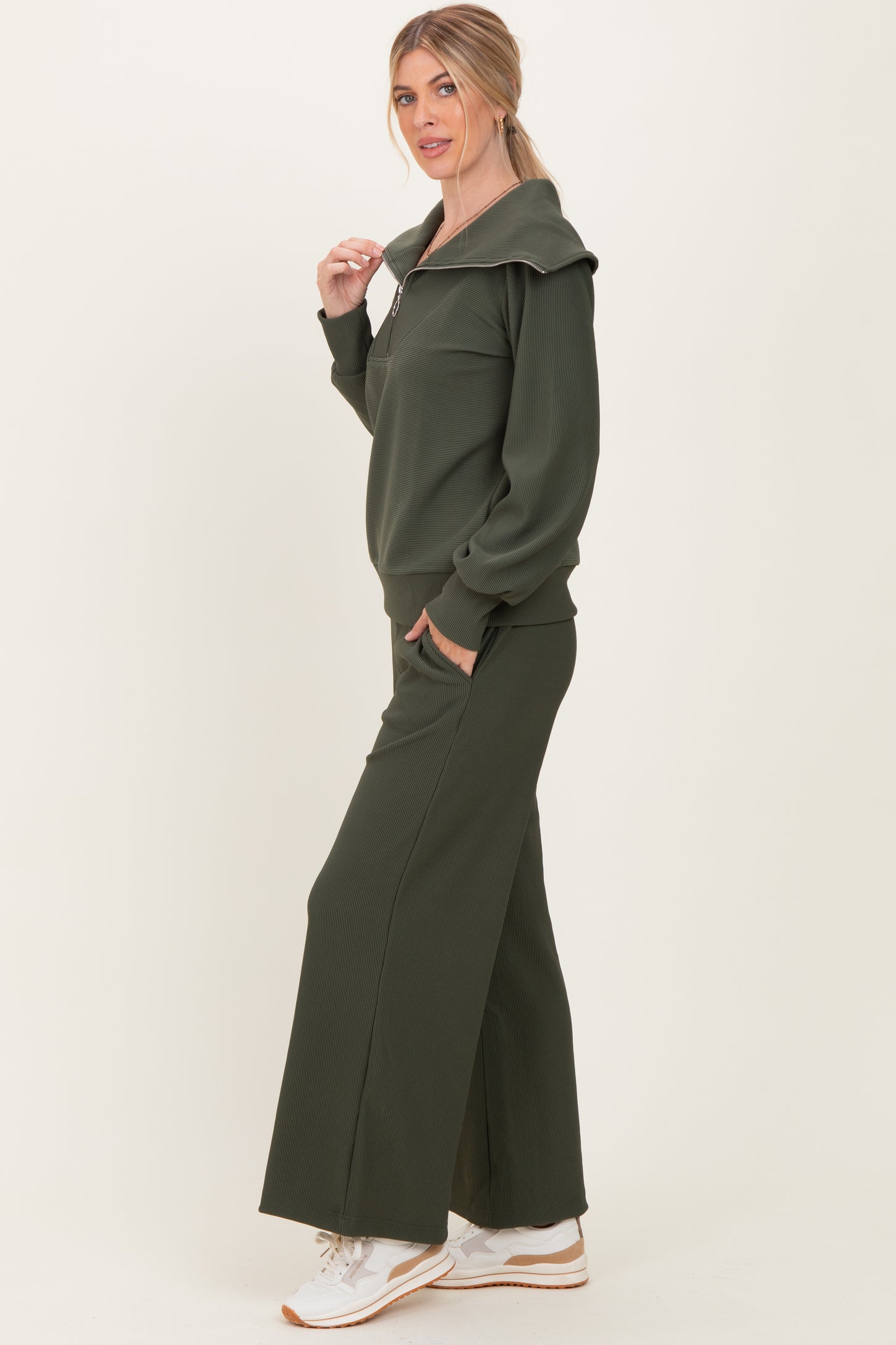Olive Ribbed Half Zip Pullover Wide Leg Pant Set