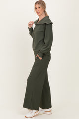 Olive Ribbed Half Zip Pullover Wide Leg Pant Set