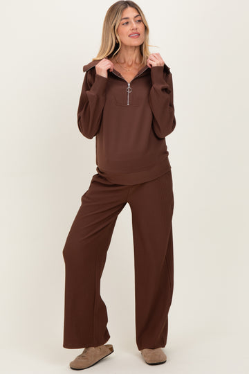 Brown Ribbed Half Zip Pullover Wide Leg Pant Maternity Set