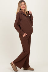 Brown Ribbed Half Zip Pullover Wide Leg Pant Maternity Set