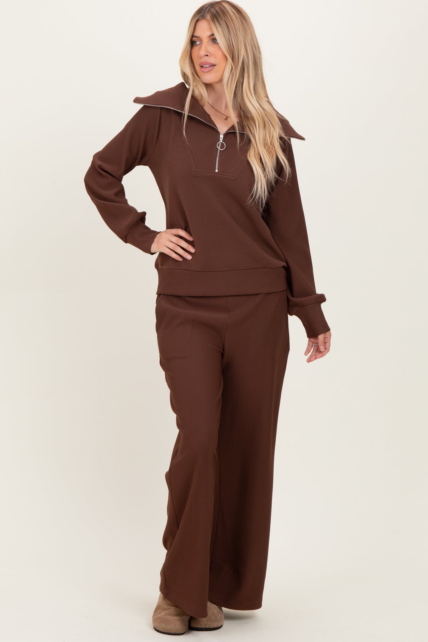 Brown Ribbed Half Zip Pullover Wide Leg Pant Set