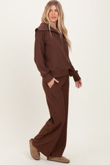 Brown Ribbed Half Zip Pullover Wide Leg Pant Set
