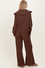 Brown Ribbed Half Zip Pullover Wide Leg Pant Set