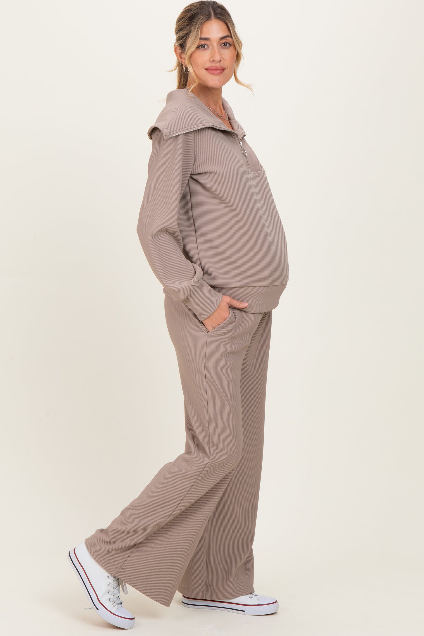 Mocha Ribbed Half Zip Pullover Wide Leg Pant Maternity Set