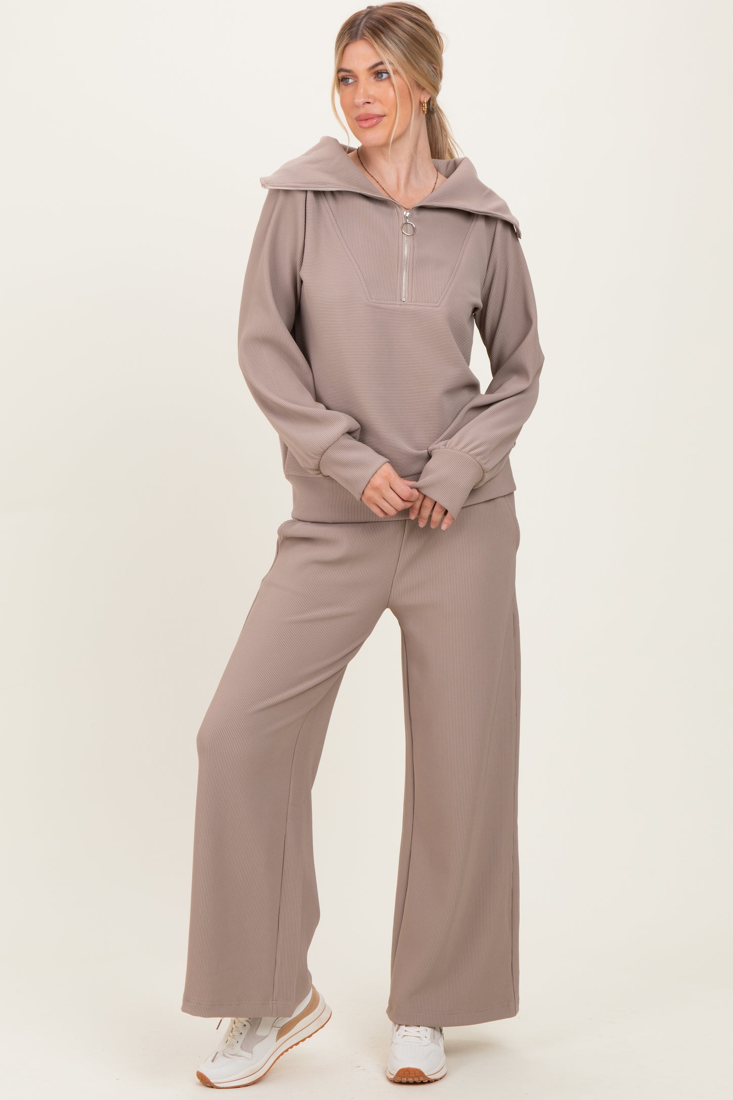 Mocha Ribbed Half Zip Pullover Wide Leg Pant Set