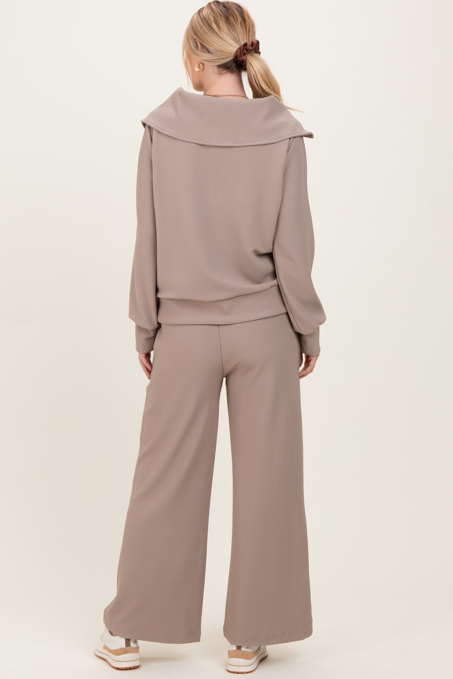 Mocha Ribbed Half Zip Pullover Wide Leg Pant Set