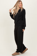 Black Ribbed Half Zip Pullover Wide Leg Pant Set