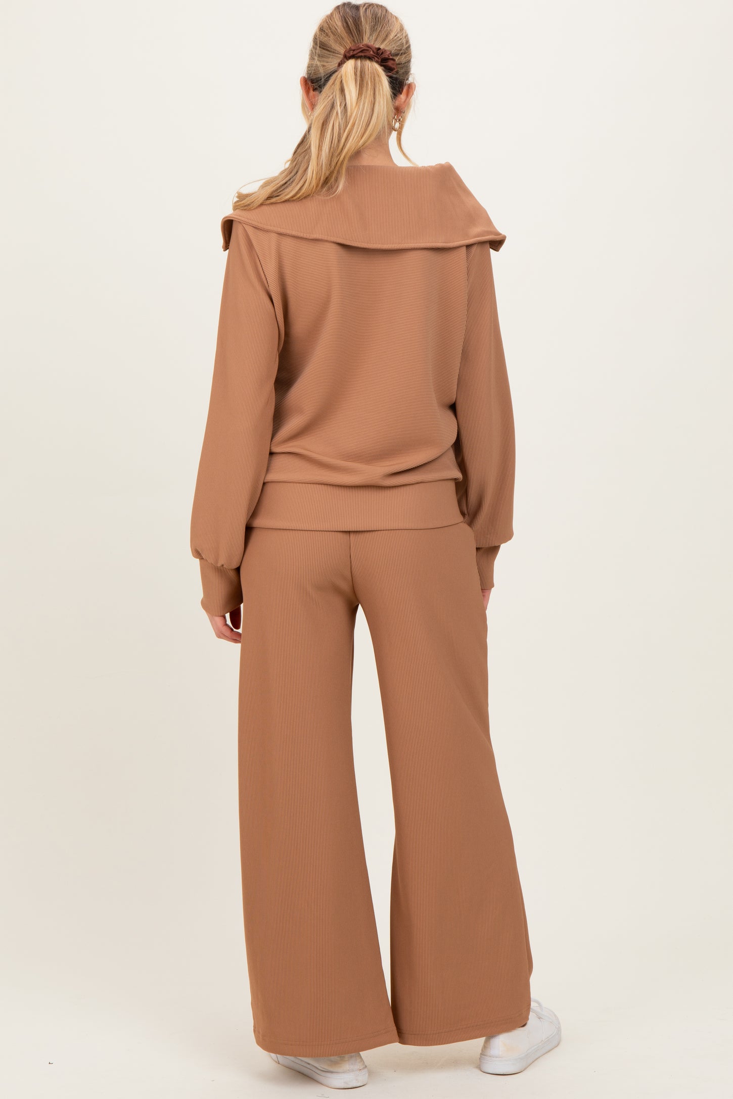 Camel Ribbed Half Zip Pullover Wide Leg Pant Maternity Set