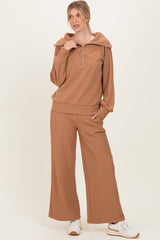 Camel Ribbed Half Zip Pullover Wide Leg Pant Set