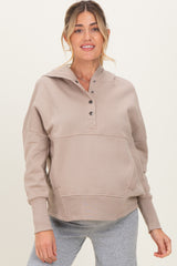 Beige Fleece Snap Button Maternity Hoodie
