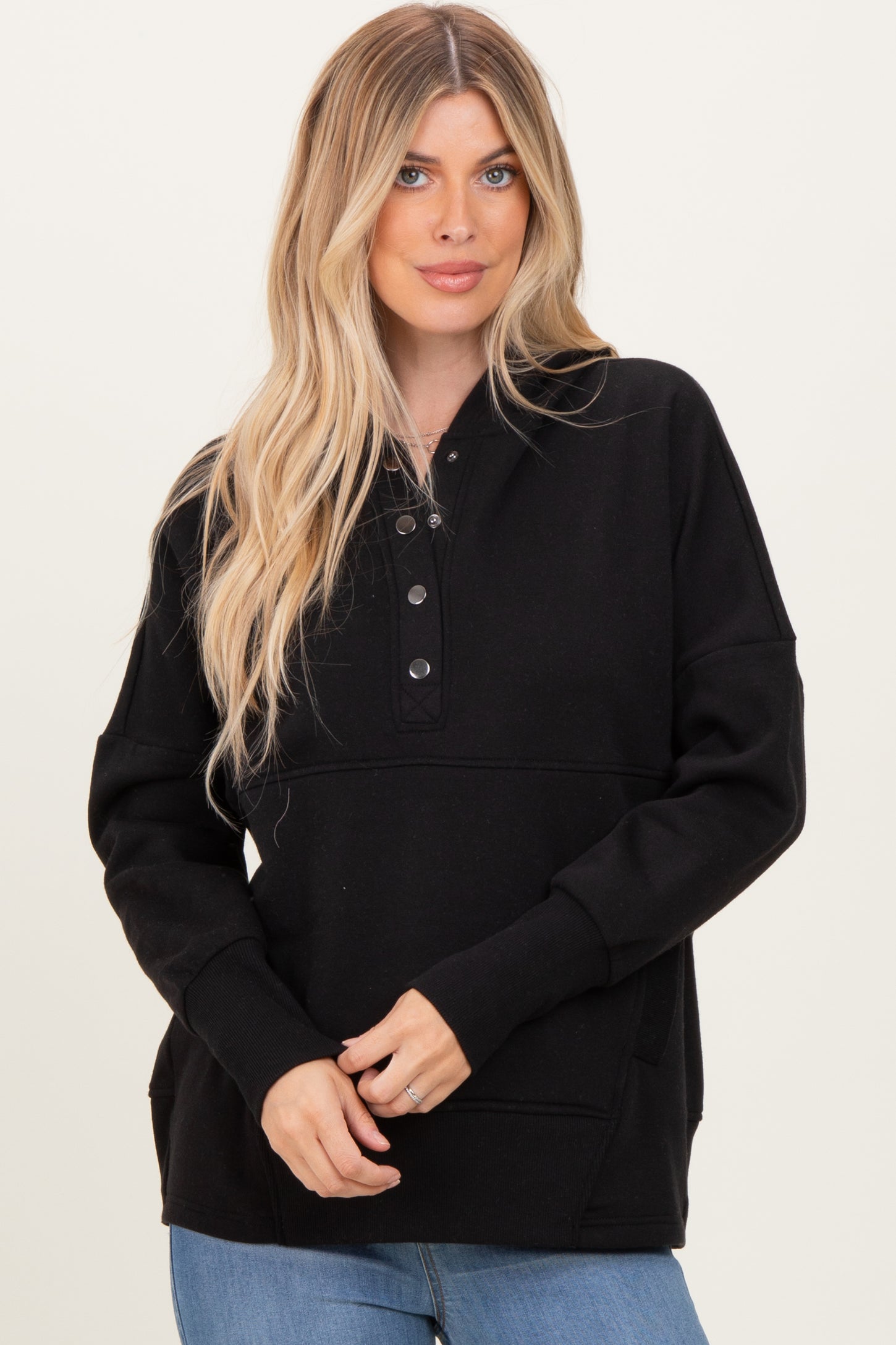 Black Fleece Snap Button Maternity Hoodie