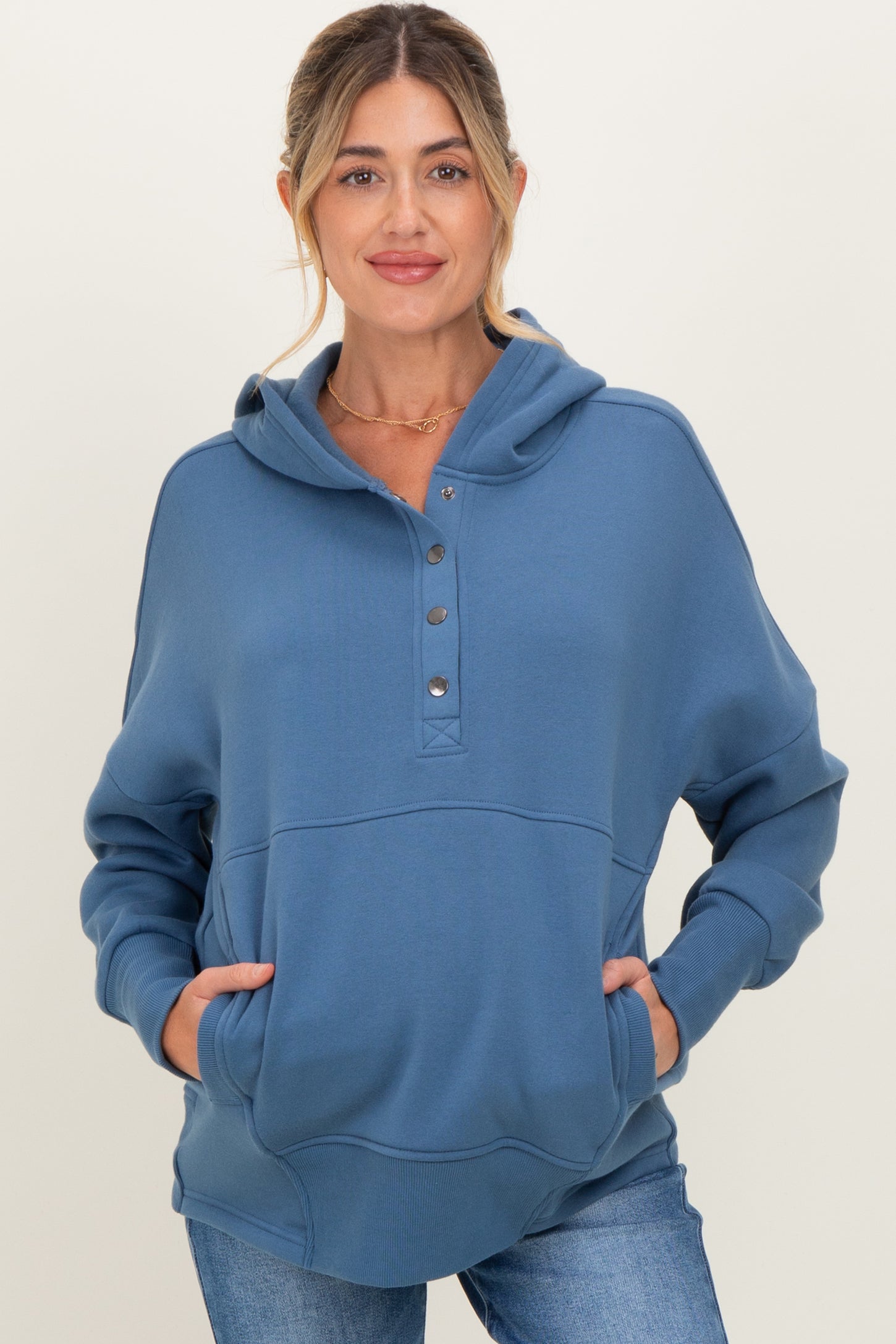 Dusty Blue Fleece Snap Button Maternity Hoodie