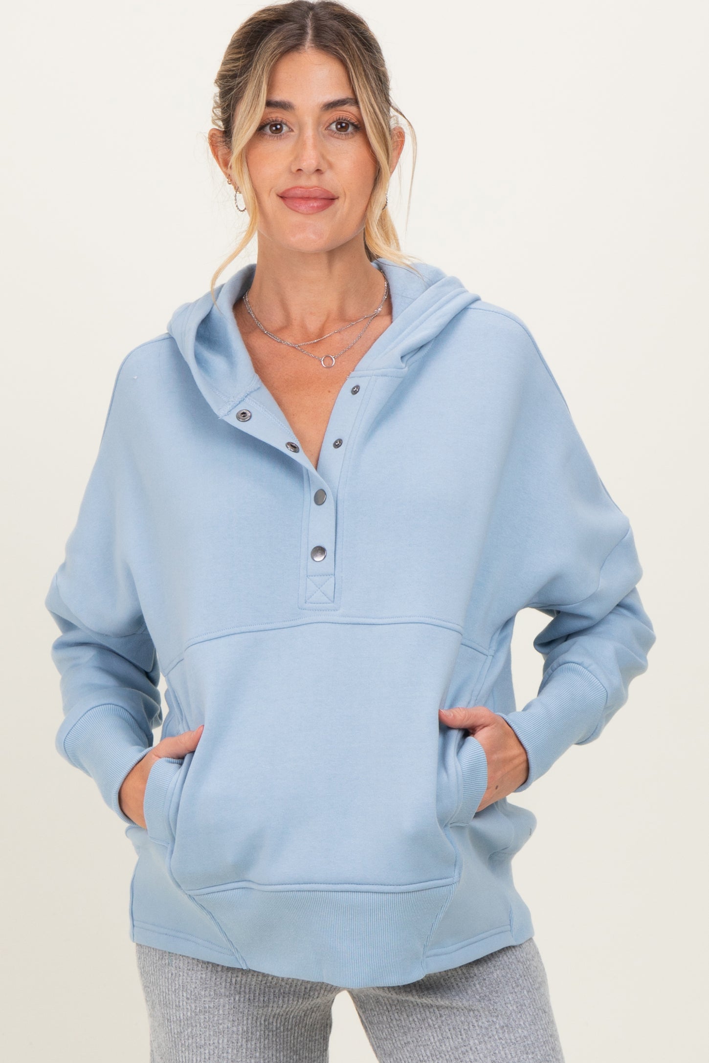 Light Blue Fleece Snap Button Maternity Hoodie