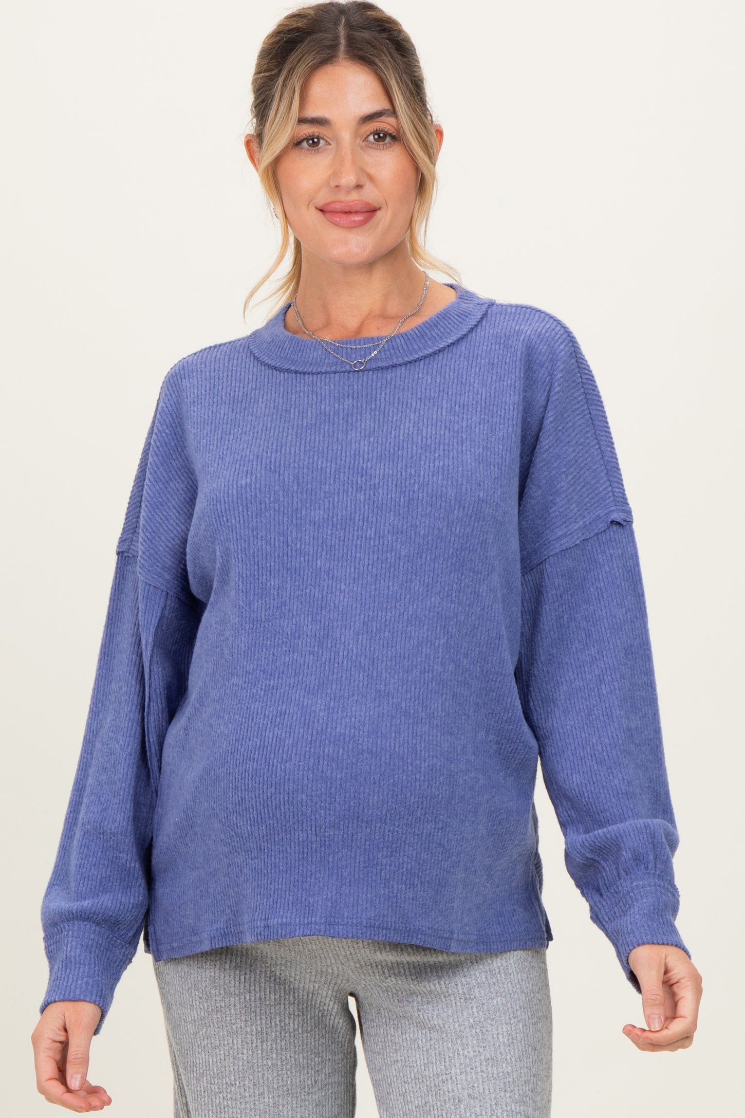 Periwinkle Brushed Ribbed Knit Maternity Pullover