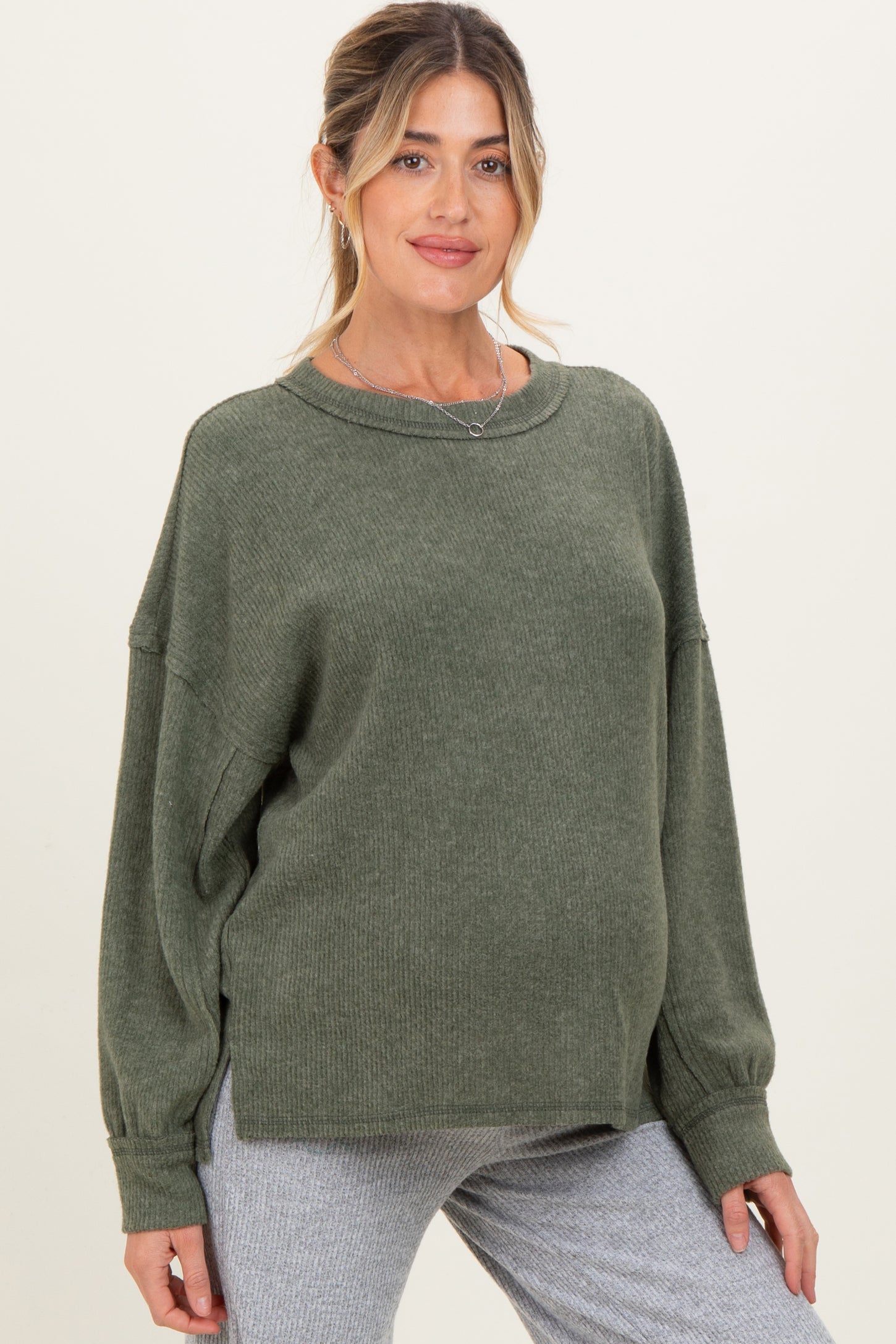 Olive Brushed Ribbed Knit Maternity Pullover