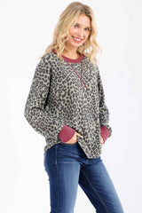 Sage Ribbed Animal Print Contrast Trim Pullover