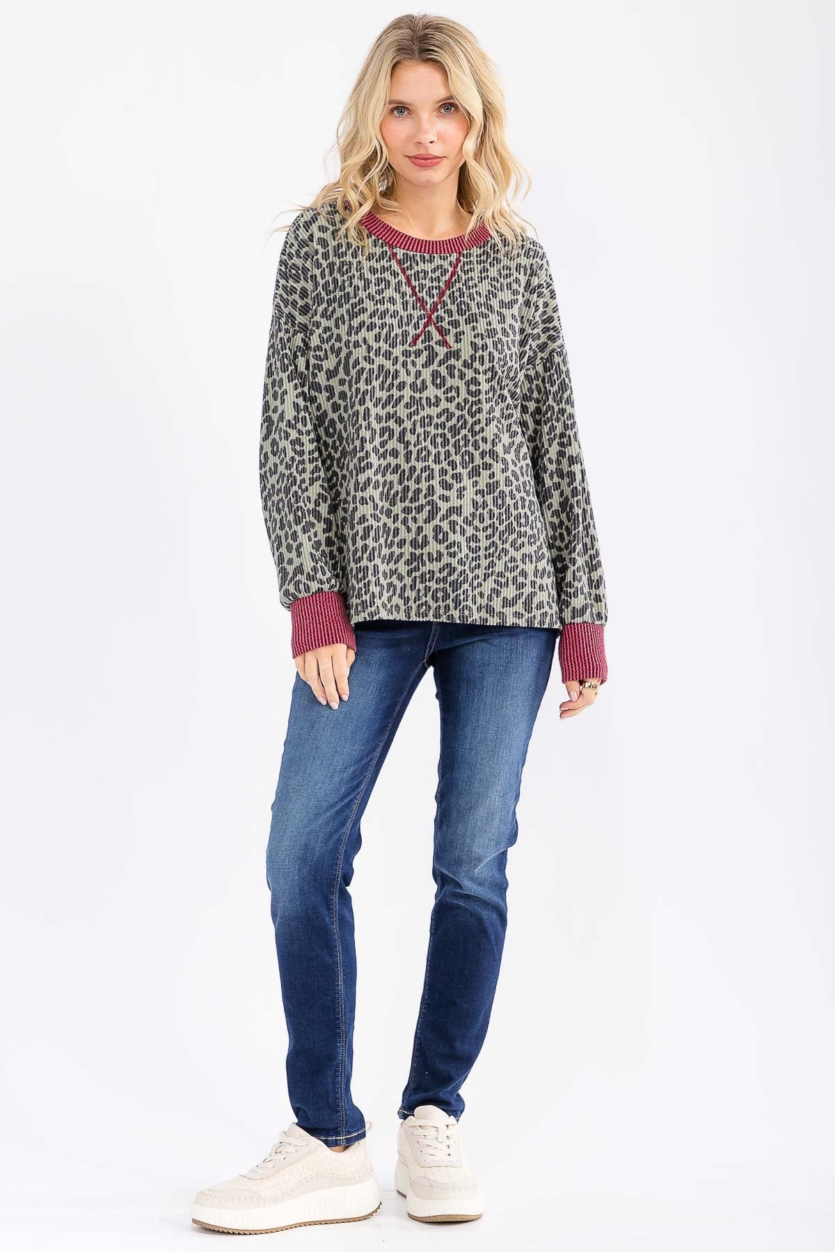 Sage Ribbed Animal Print Contrast Trim Pullover