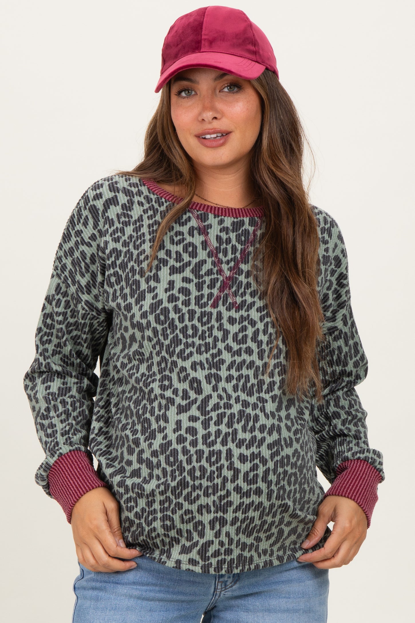 Sage Ribbed Animal Print Contrast Trim Maternity Pullover