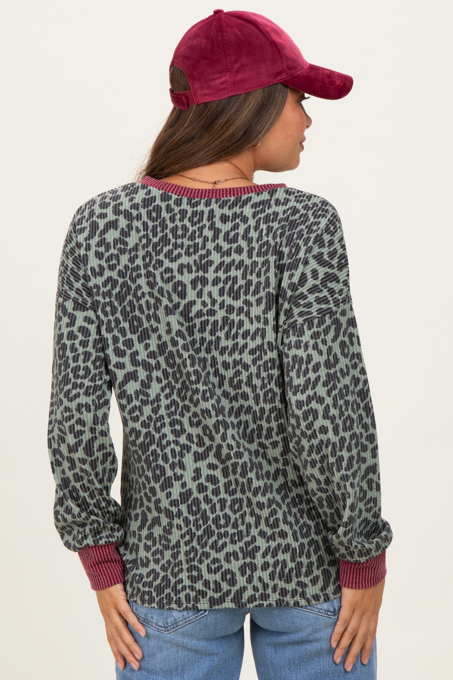 Sage Ribbed Animal Print Contrast Trim Maternity Pullover
