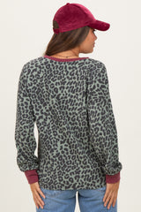 Sage Ribbed Animal Print Contrast Trim Maternity Pullover