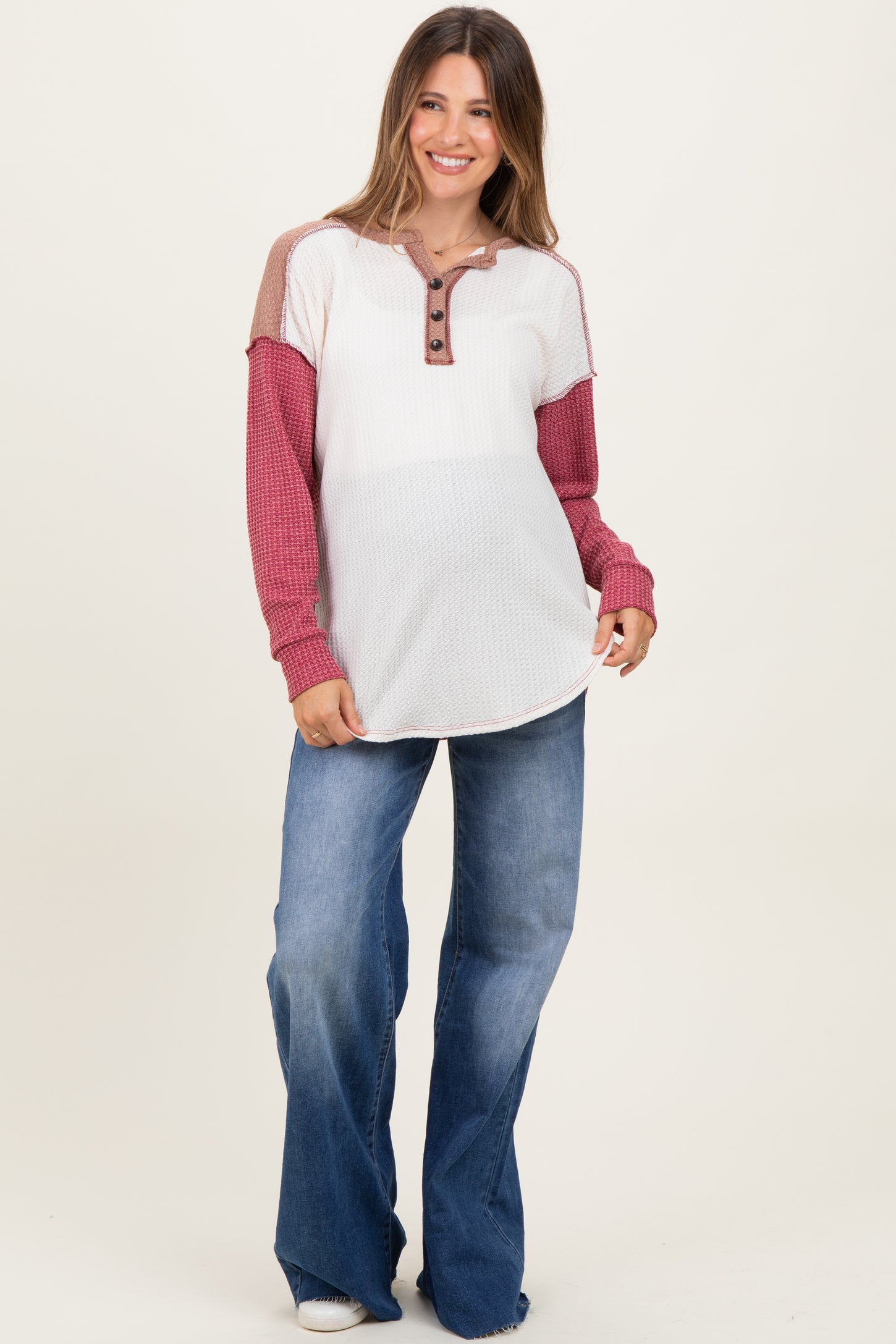 Burgundy Waffle Knit Colorblock Maternity Top