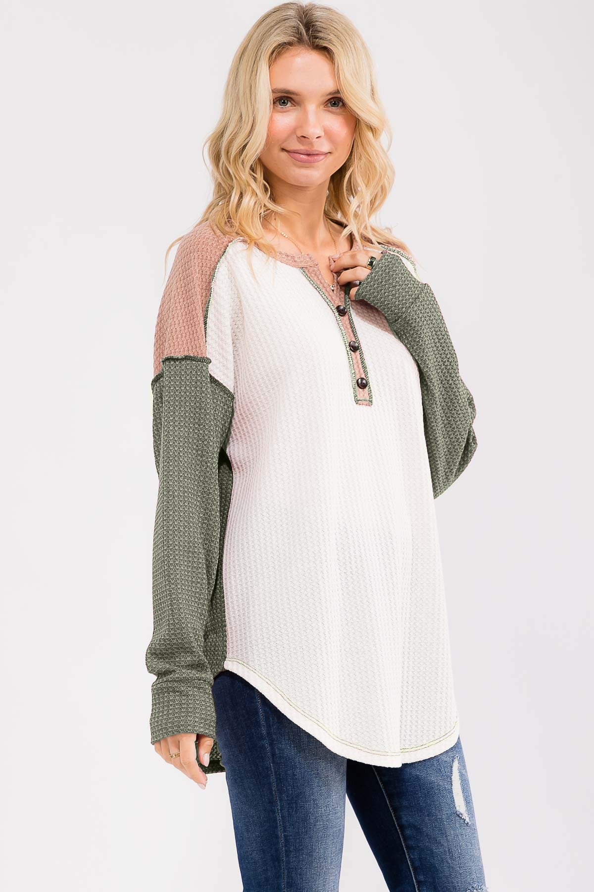 Olive Waffle Knit Colorblock Top