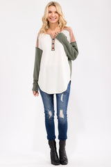 Olive Waffle Knit Colorblock Top