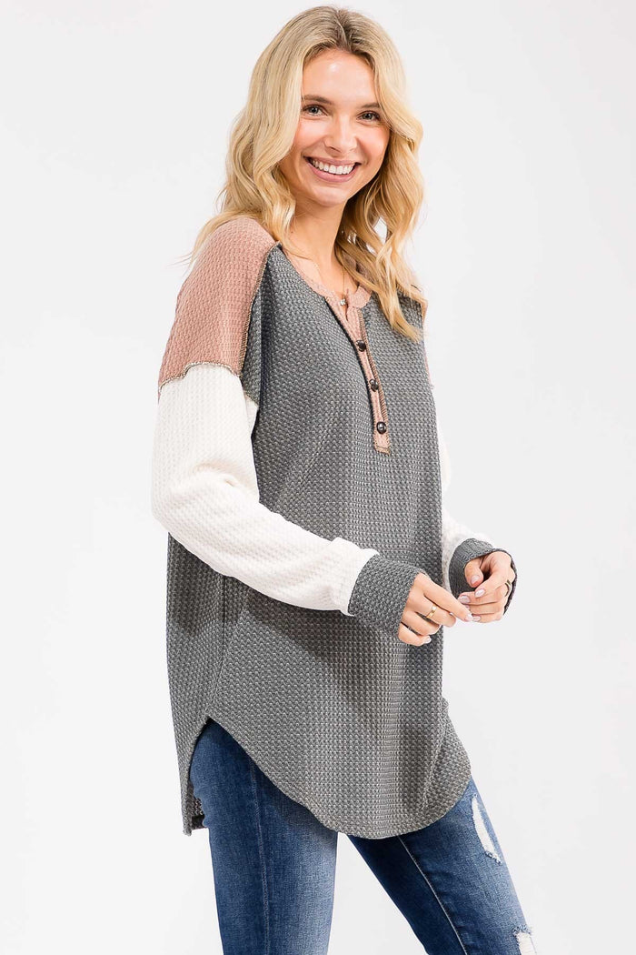 Olive Colorblock Relaxed Waffle Knit Henley