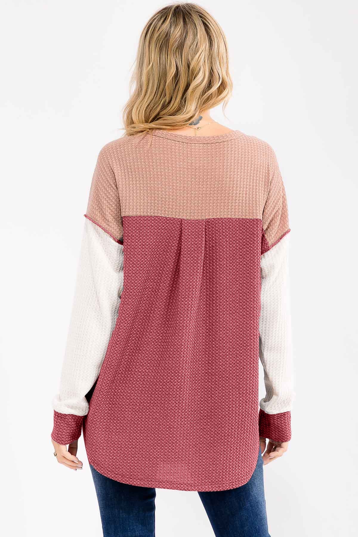 Burgundy Colorblock Relaxed Waffle Knit Henley