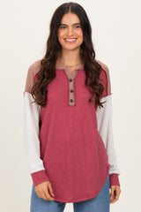 Burgundy Colorblock Relaxed Waffle Knit Henley