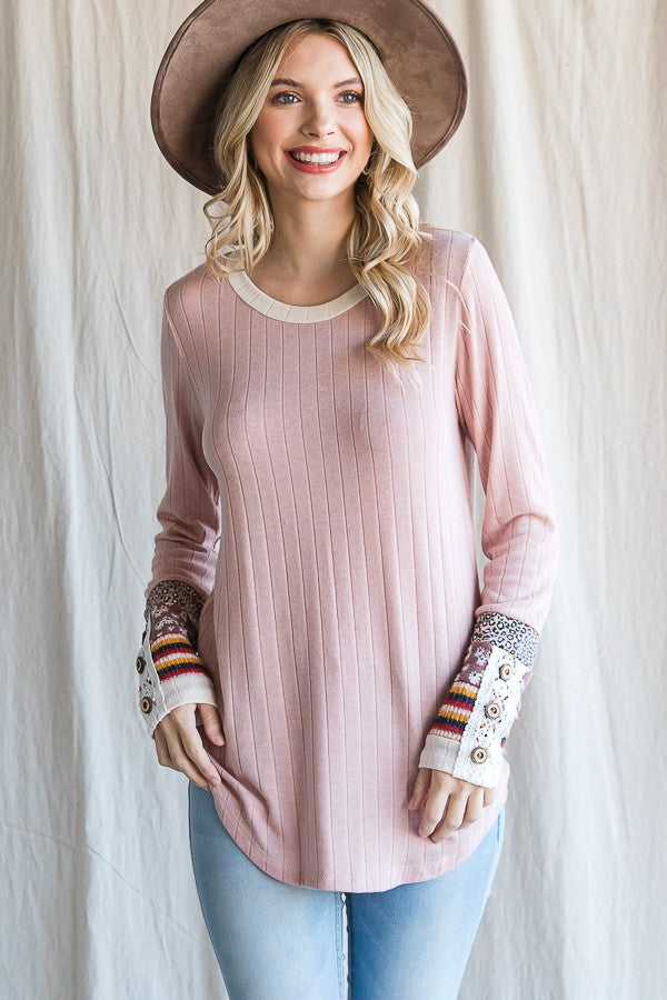 Light Pink Colorblock Print Detail Long Sleeve Maternity Top