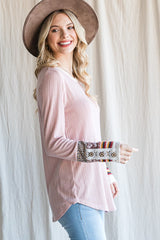 Light Pink Colorblock Print Detail Long Sleeve Top