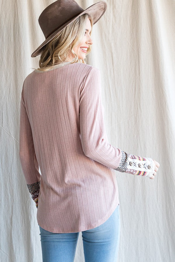 Light Pink Colorblock Print Detail Long Sleeve Top