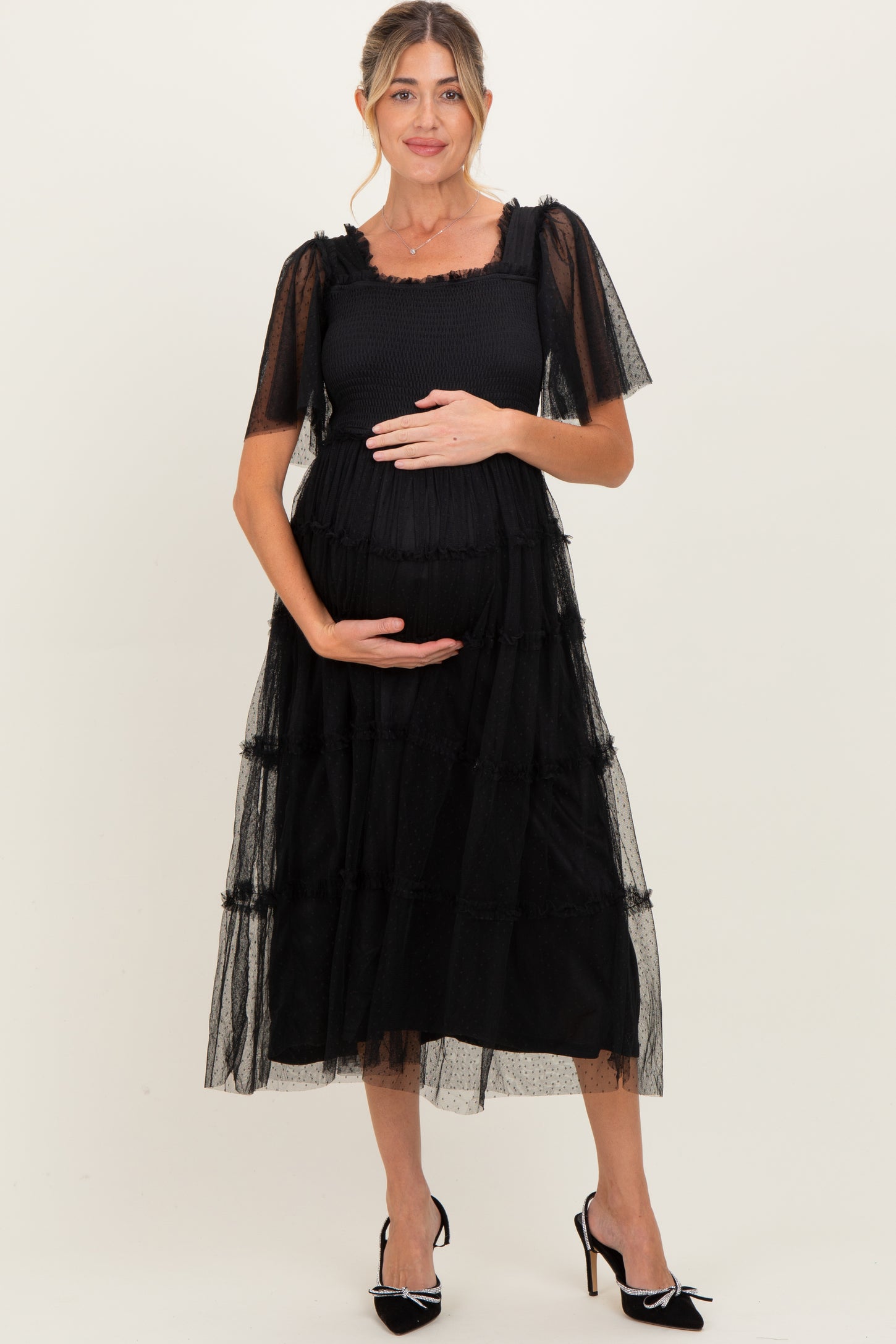 Black Ruffled Mesh Maternity Maxi Dress