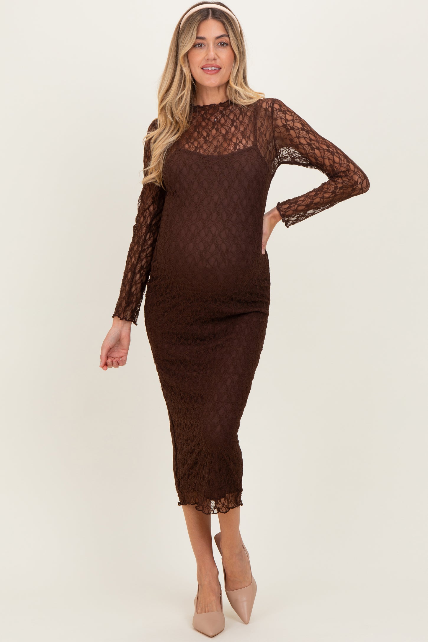 Brown Lace Overlay Fitted Maternity Midi Dress