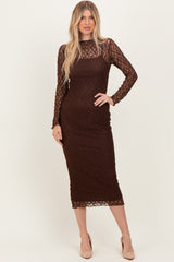 Brown Lace Overlay Fitted Midi Dress