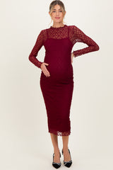 Burgundy Lace Overlay Fitted Maternity Midi Dress