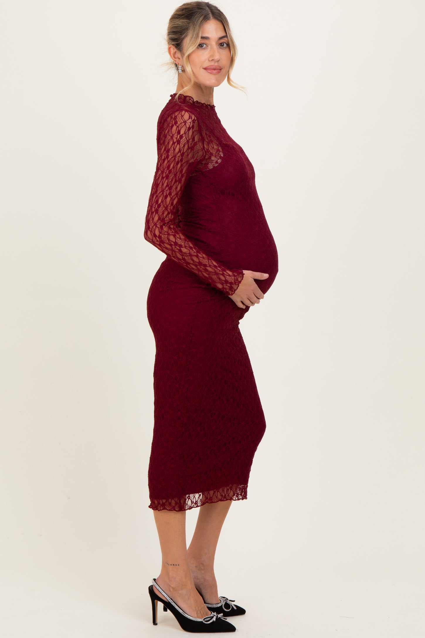 Burgundy Lace Overlay Fitted Maternity Midi Dress