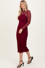 Burgundy Lace Overlay Fitted Midi Dress