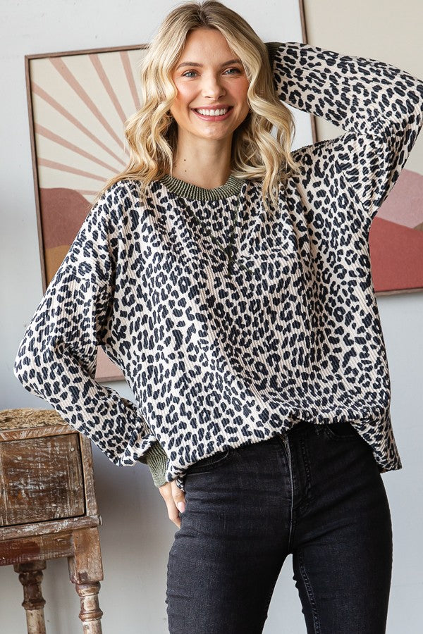 Beige Ribbed Animal Print Contrast Trim Pullover