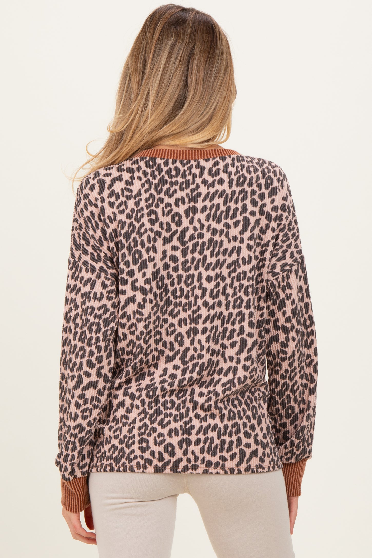 Beige Ribbed Animal Print Contrast Trim Maternity Pullover