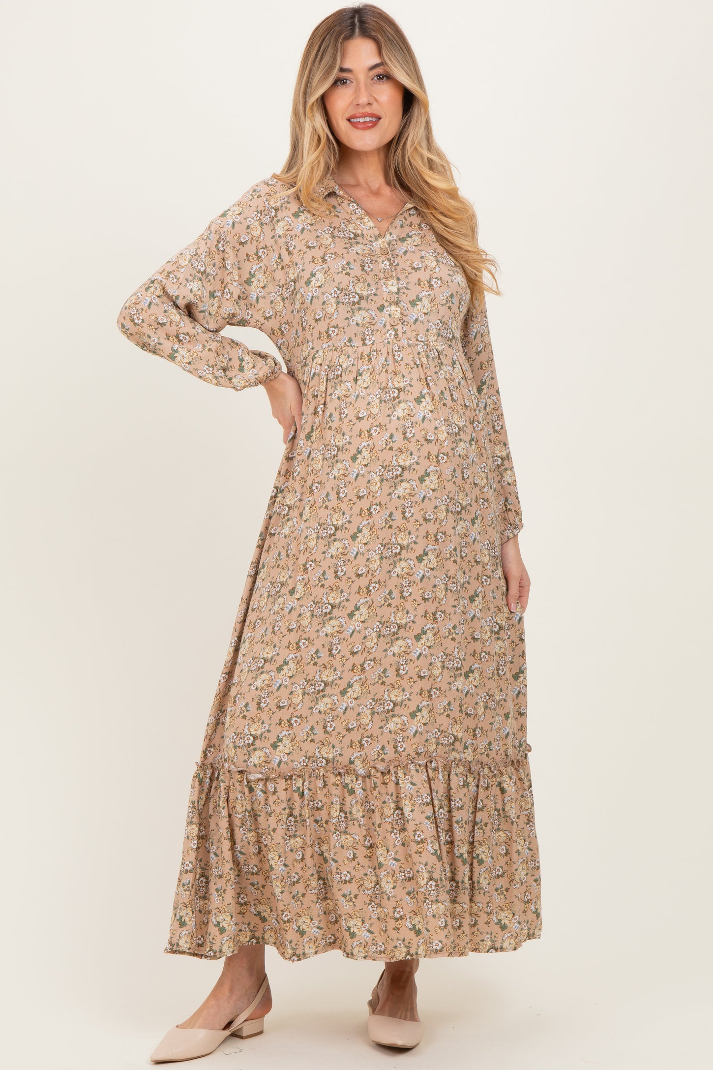 Mustard Floral Long Sleeve Button Down Collared Maternity Maxi Dress