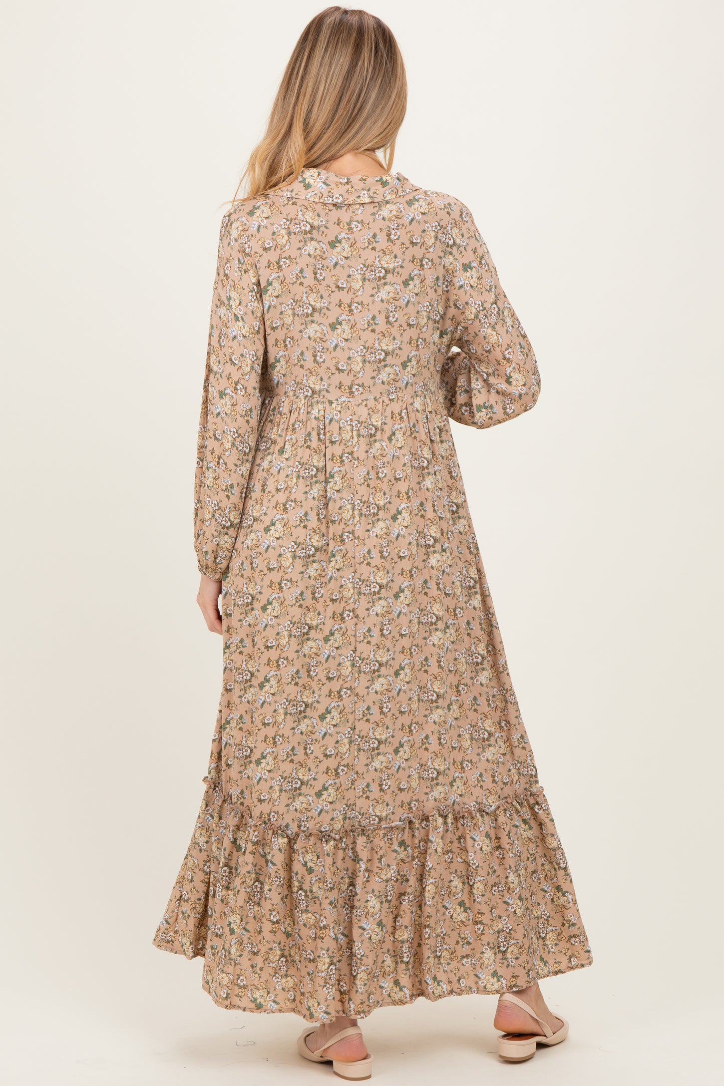 Mustard Floral Long Sleeve Button Down Collared Maternity Maxi Dress